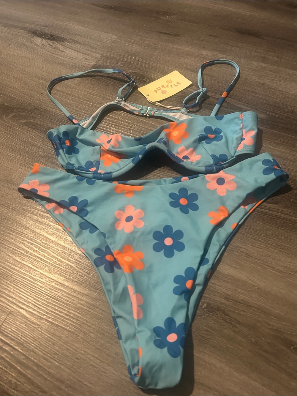Aurielle Aqua Floral women Two-Piece Swimsuit with Orange & Pink Flowers